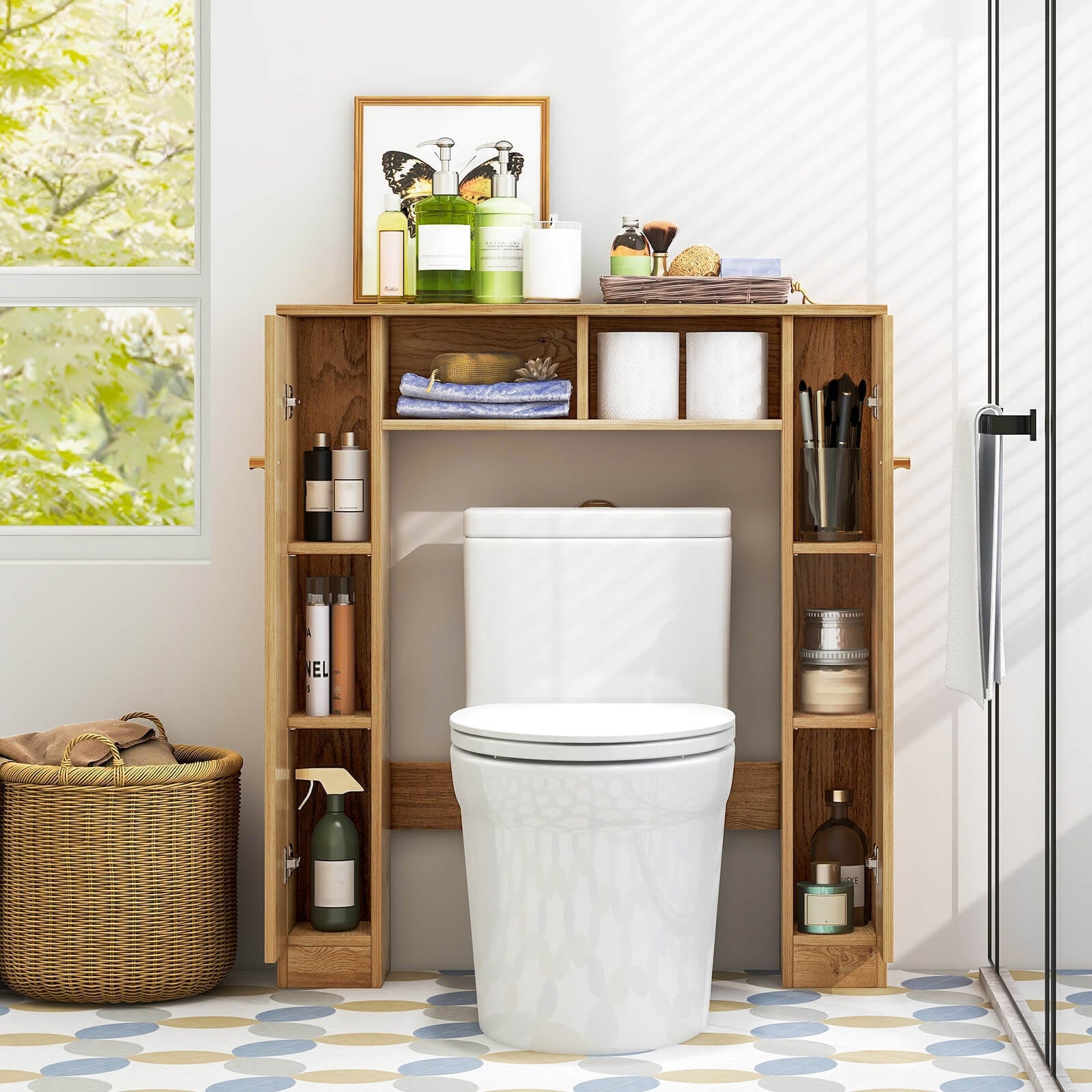 Over The Toilet Storage Cabinet with 2 Open Compartments and 4 Adjustable Shelves, Natural Bathroom Etagere at Gallery Canada