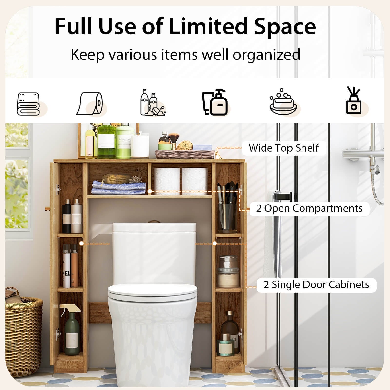 Over The Toilet Storage Cabinet with 2 Open Compartments and 4 Adjustable Shelves, Natural Bathroom Etagere at Gallery Canada