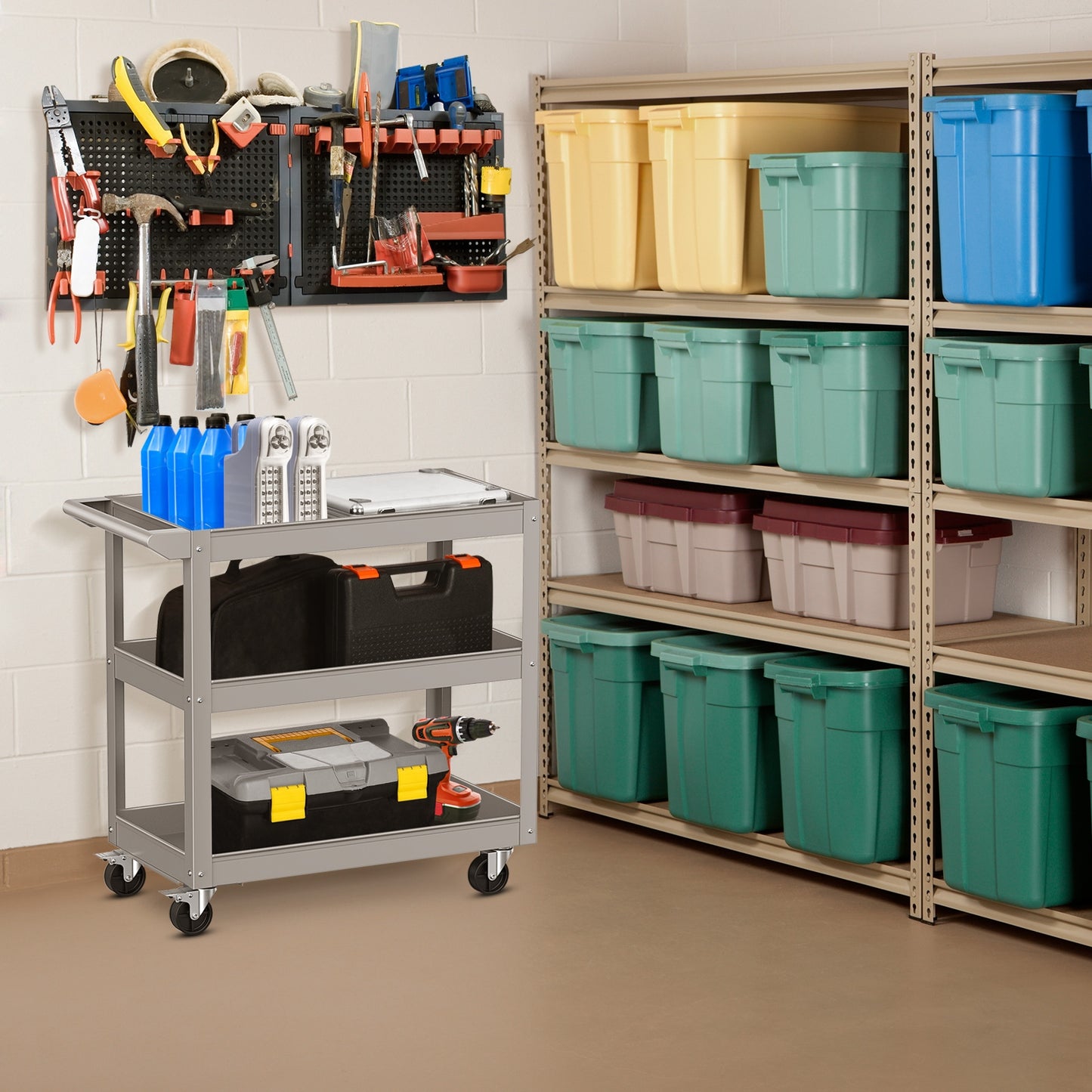 3-Tier Metal Utility Cart Trolley Tool with Flat Handle and 2 Lockable Universal Wheels, Gray Garages at Gallery Canada