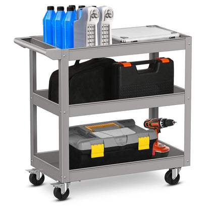 3-Tier Metal Utility Cart Trolley Tool with Flat Handle and 2 Lockable Universal Wheels, Gray