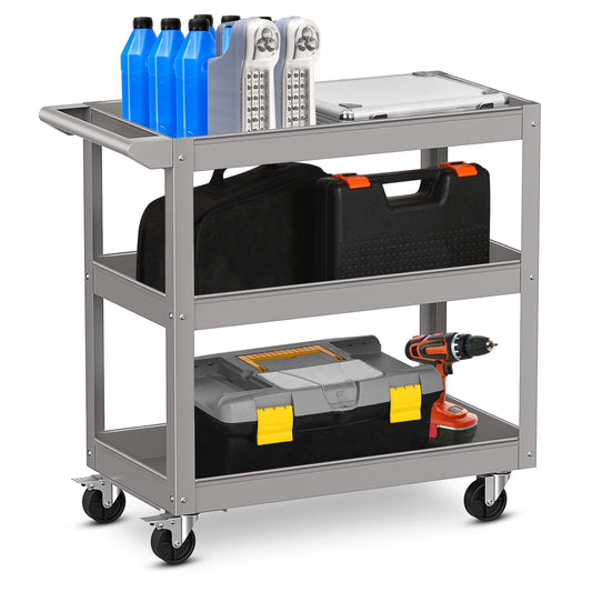 3-Tier Metal Utility Cart Trolley Tool with Flat Handle and 2 Lockable Universal Wheels, Gray - Gallery Canada