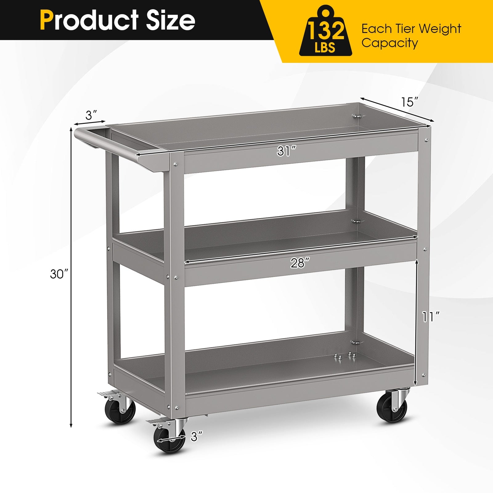 3-Tier Metal Utility Cart Trolley Tool with Flat Handle and 2 Lockable Universal Wheels, Gray Garages at Gallery Canada