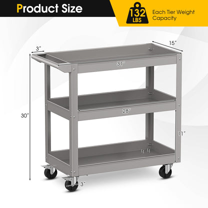 3-Tier Metal Utility Cart Trolley Tool with Flat Handle and 2 Lockable Universal Wheels, Gray Garages at Gallery Canada