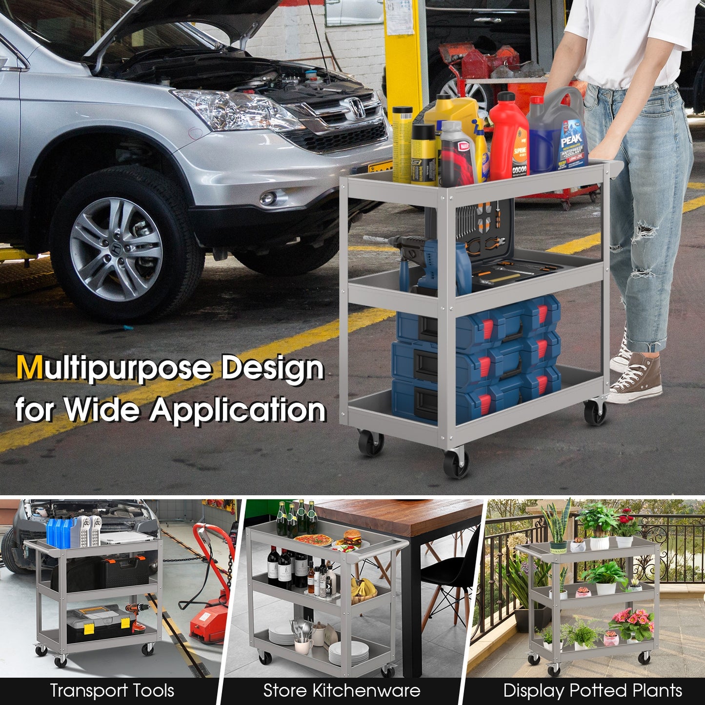 3-Tier Metal Utility Cart Trolley Tool with Flat Handle and 2 Lockable Universal Wheels, Gray Garages at Gallery Canada