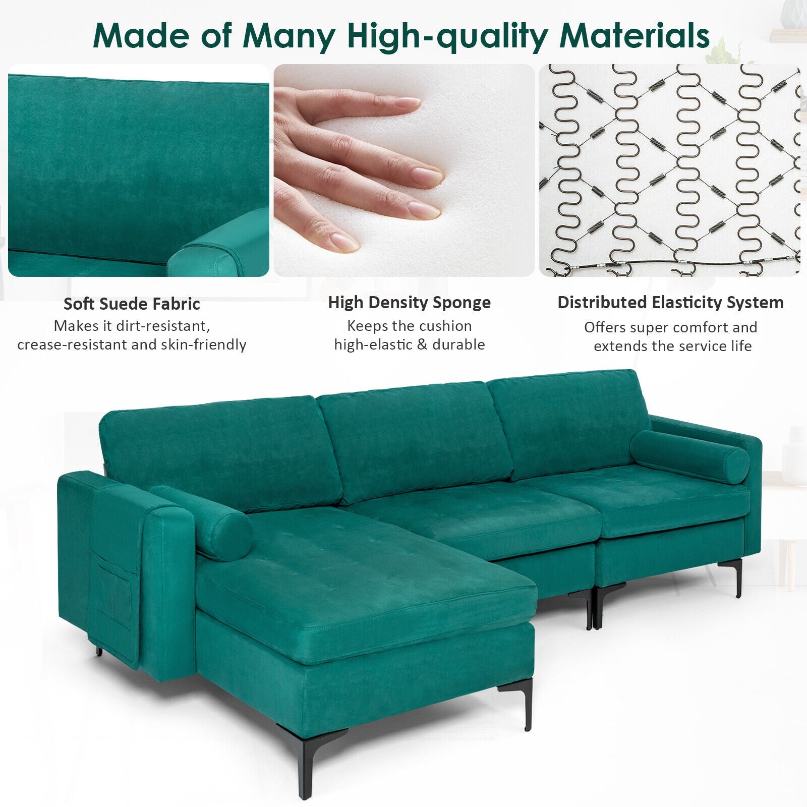 Modular 1/2/3/4-Seat L-Shaped Sectional Sofa Couch with Socket USB Port-3-Seat L-shaped, Teal Sofas & Loveseats at Gallery Canada