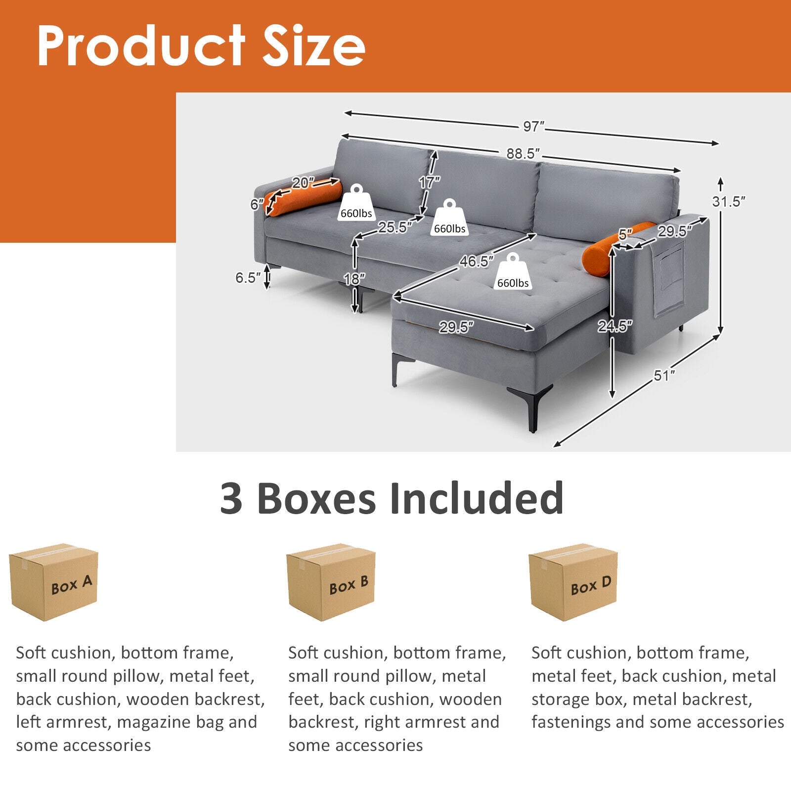 Modular L-shaped 3-Seat Sectional Sofa with Reversible Chaise and 2 USB Ports, Gray Sofas & Loveseats at Gallery Canada