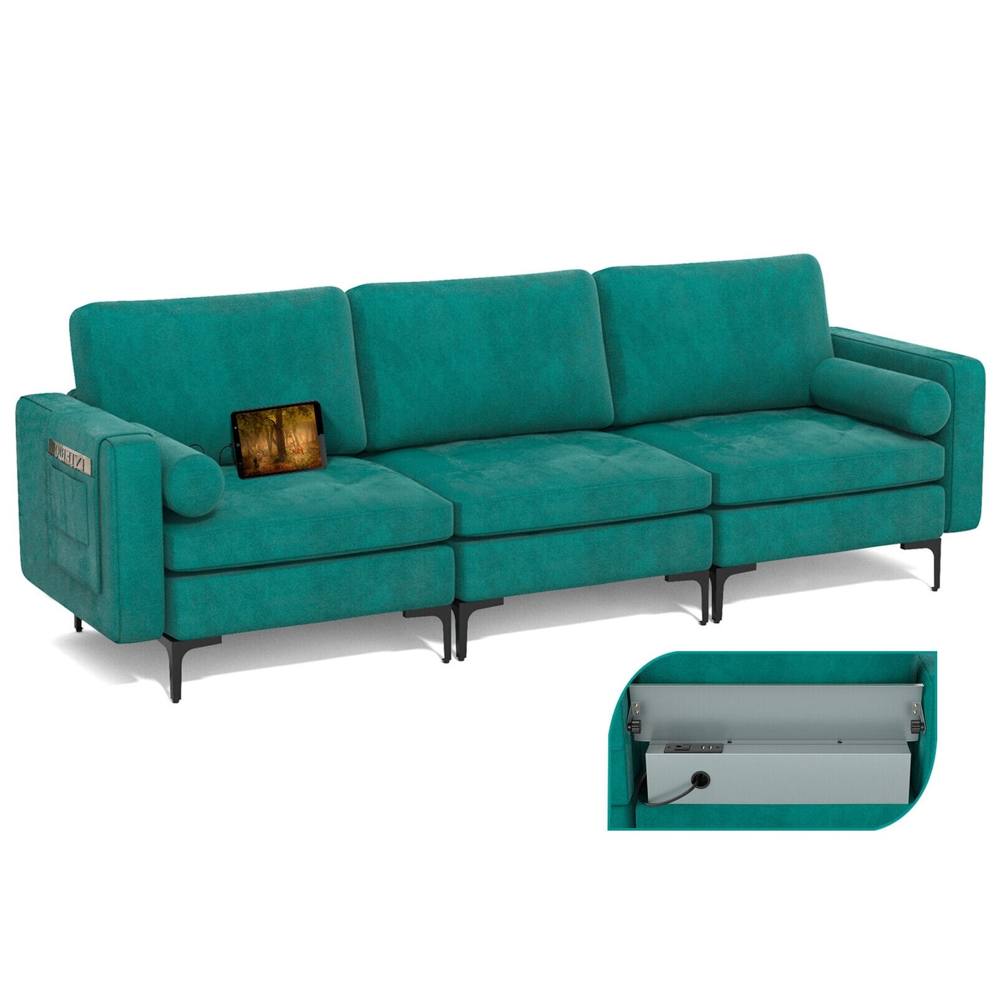 Modular 3-Seat L-Shaped Sectional Sofa With USB Port, Teal Sofas & Loveseats Teal at Gallery Canada