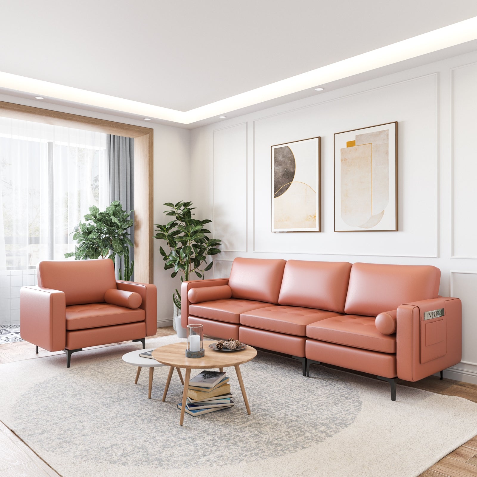 Modular 3-Seat Sofa Couch with Socket USB Ports and Side Storage Pocket, Pink Sofas & Loveseats at Gallery Canada
