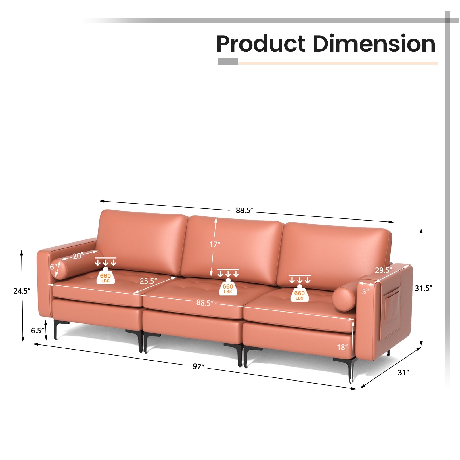 Modular 3-Seat Sofa Couch with Socket USB Ports and Side Storage Pocket, Pink Sofas & Loveseats at Gallery Canada