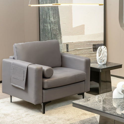 Modern Single Sofa with Cushion Bolster and Side Storage Pocket, Light Gray