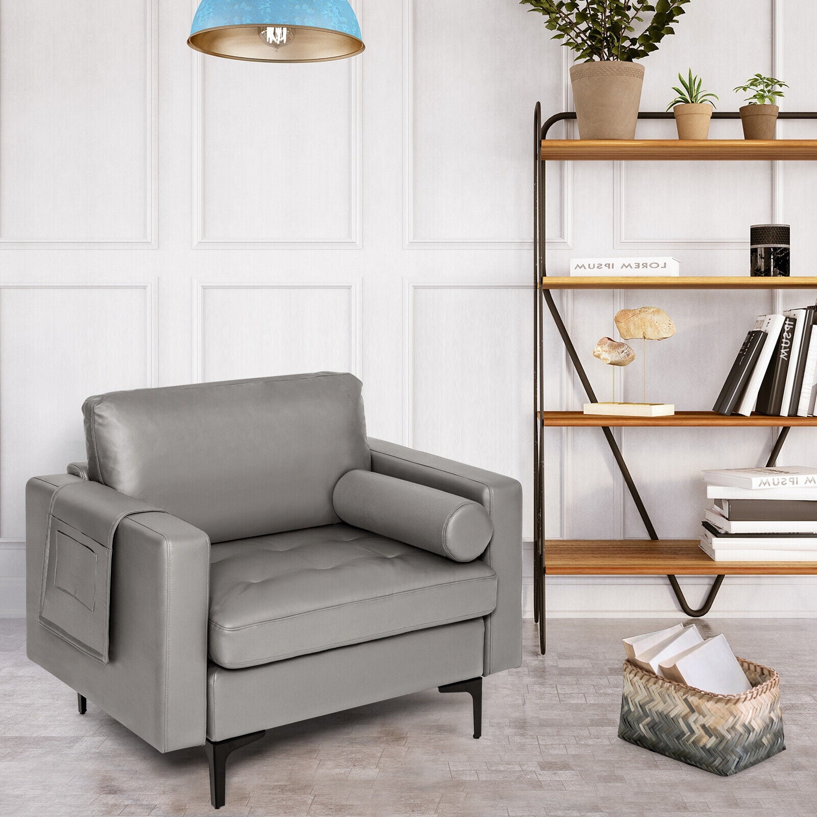 Modern Single Sofa with Cushion Bolster and Side Storage Pocket, Light Gray Accent Chairs at Gallery Canada
