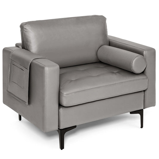 Modern Single Sofa with Cushion Bolster and Side Storage Pocket, Light Gray - Gallery Canada