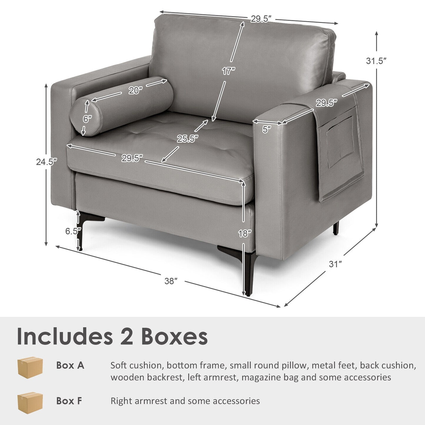 Modern Single Sofa with Cushion Bolster and Side Storage Pocket, Light Gray Accent Chairs at Gallery Canada