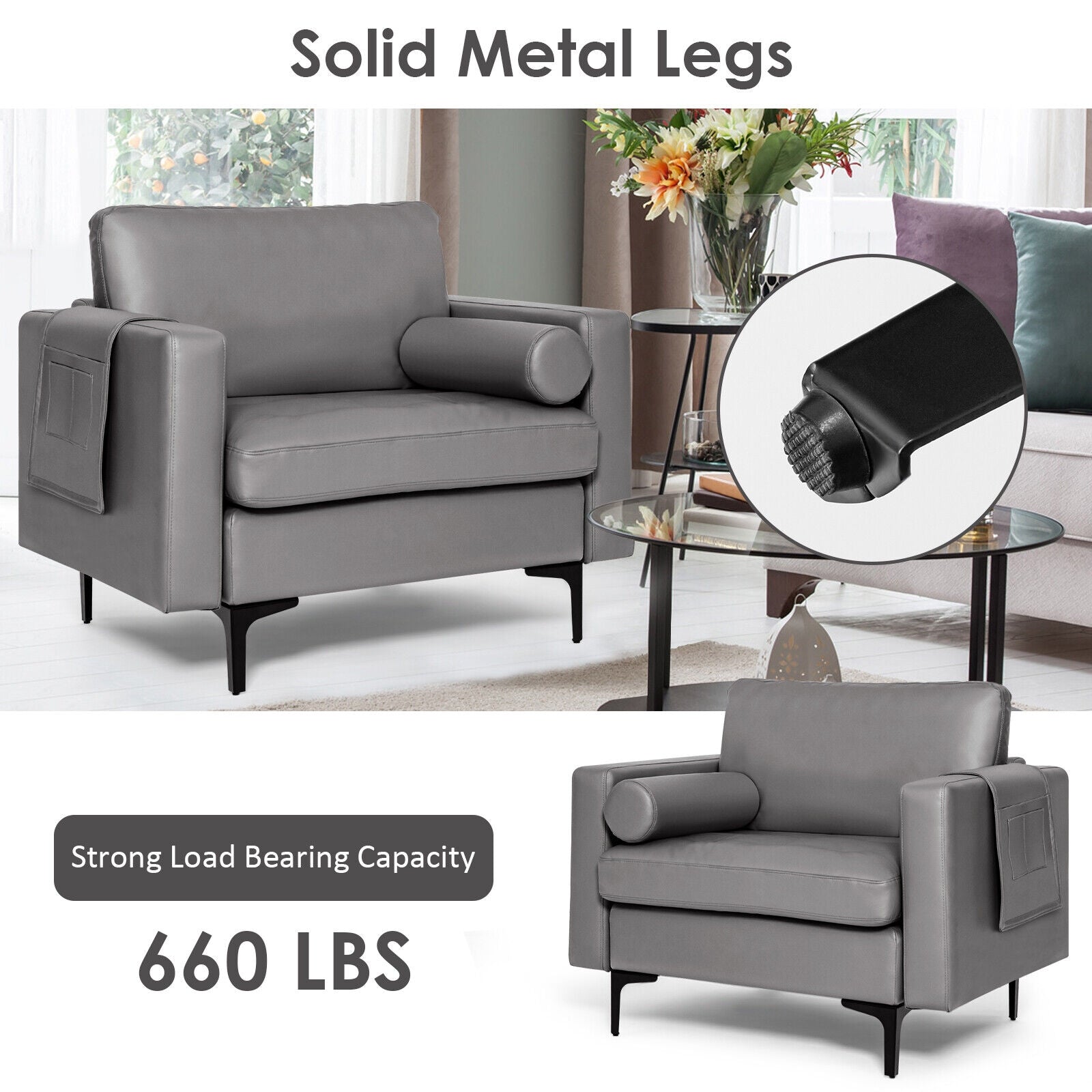 Modern Single Sofa with Cushion Bolster and Side Storage Pocket, Light Gray Accent Chairs at Gallery Canada