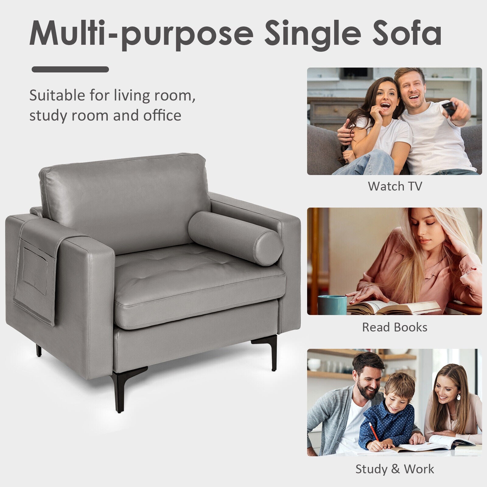 Modern Single Sofa with Cushion Bolster and Side Storage Pocket, Light Gray Accent Chairs at Gallery Canada