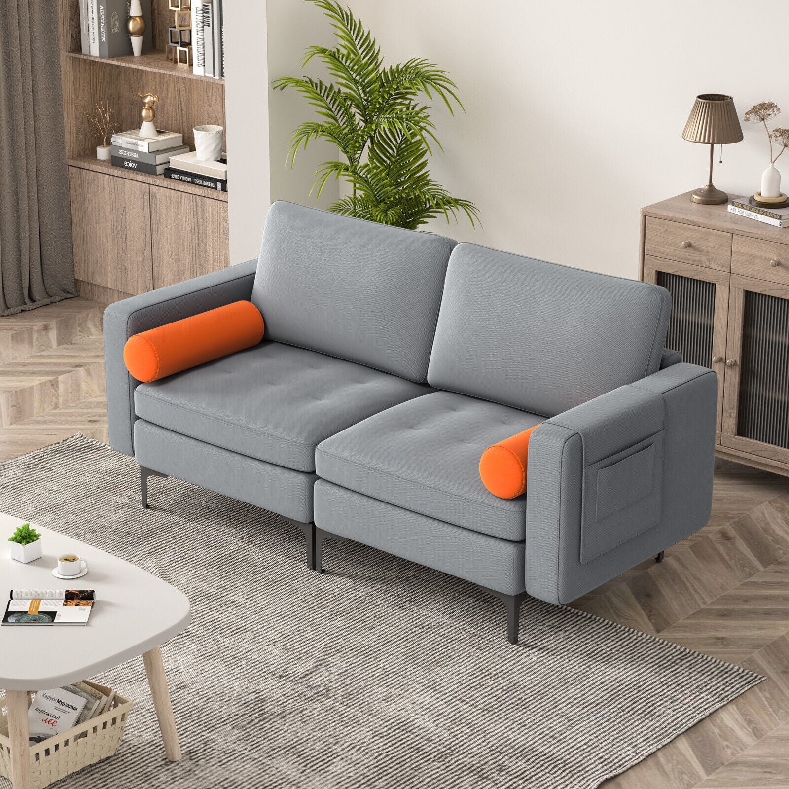 Modern Loveseat Sofa with 2 Bolsters and Side Storage Pocket, Gray Sofas & Loveseats at Gallery Canada