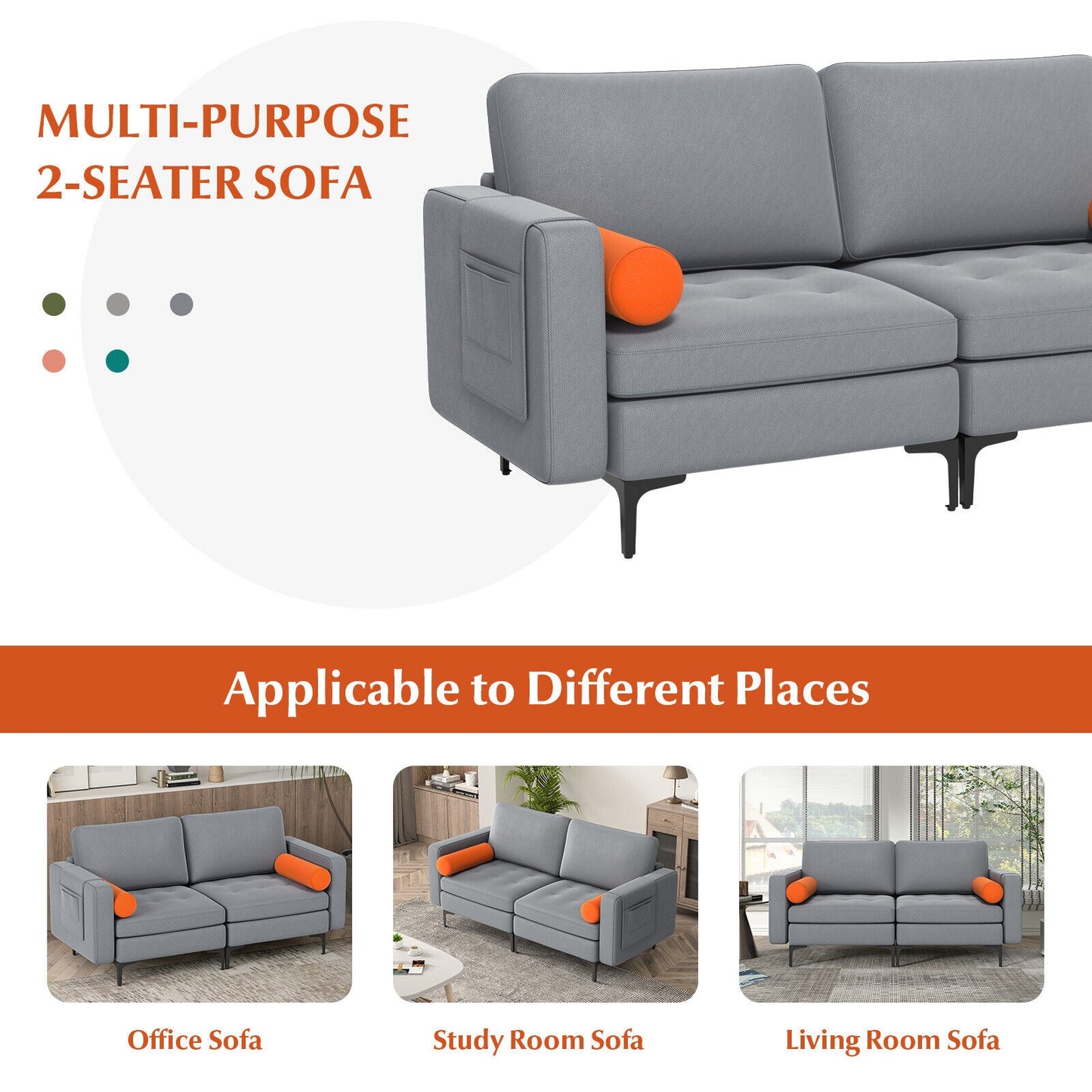 Modern Loveseat Sofa with 2 Bolsters and Side Storage Pocket, Gray Sofas & Loveseats at Gallery Canada