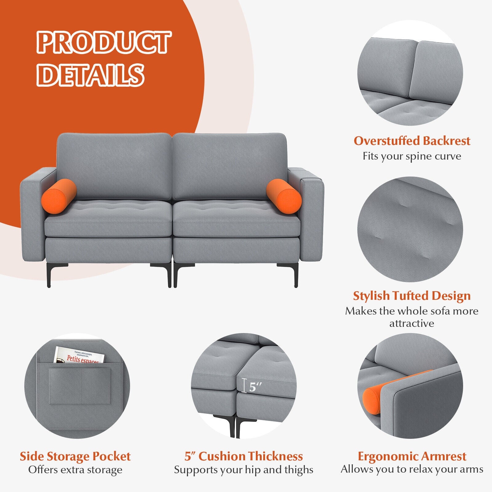 Modern Loveseat Sofa with 2 Bolsters and Side Storage Pocket, Gray Sofas & Loveseats at Gallery Canada