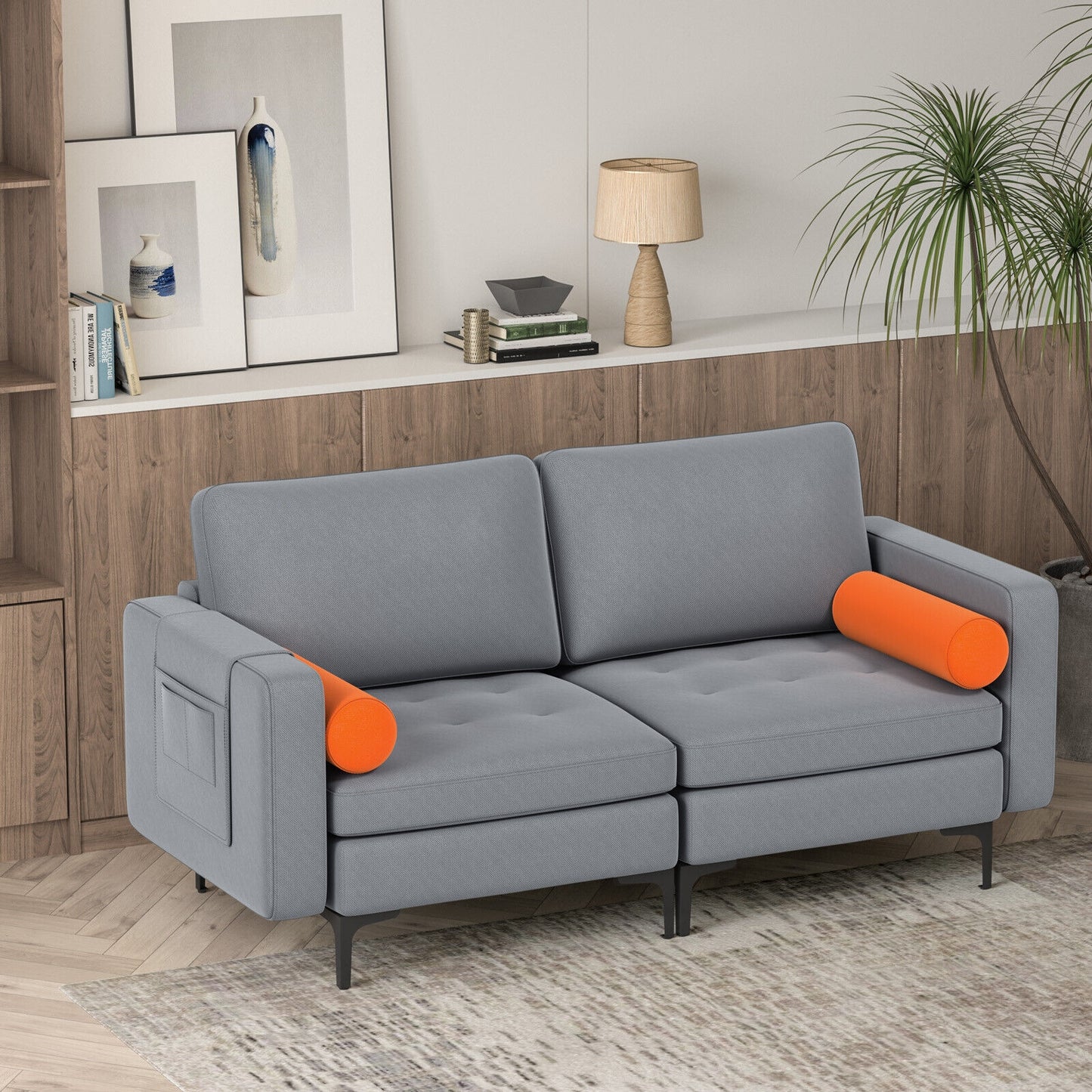 Modern Loveseat Sofa with 2 Bolsters and Side Storage Pocket, Gray Sofas & Loveseats at Gallery Canada