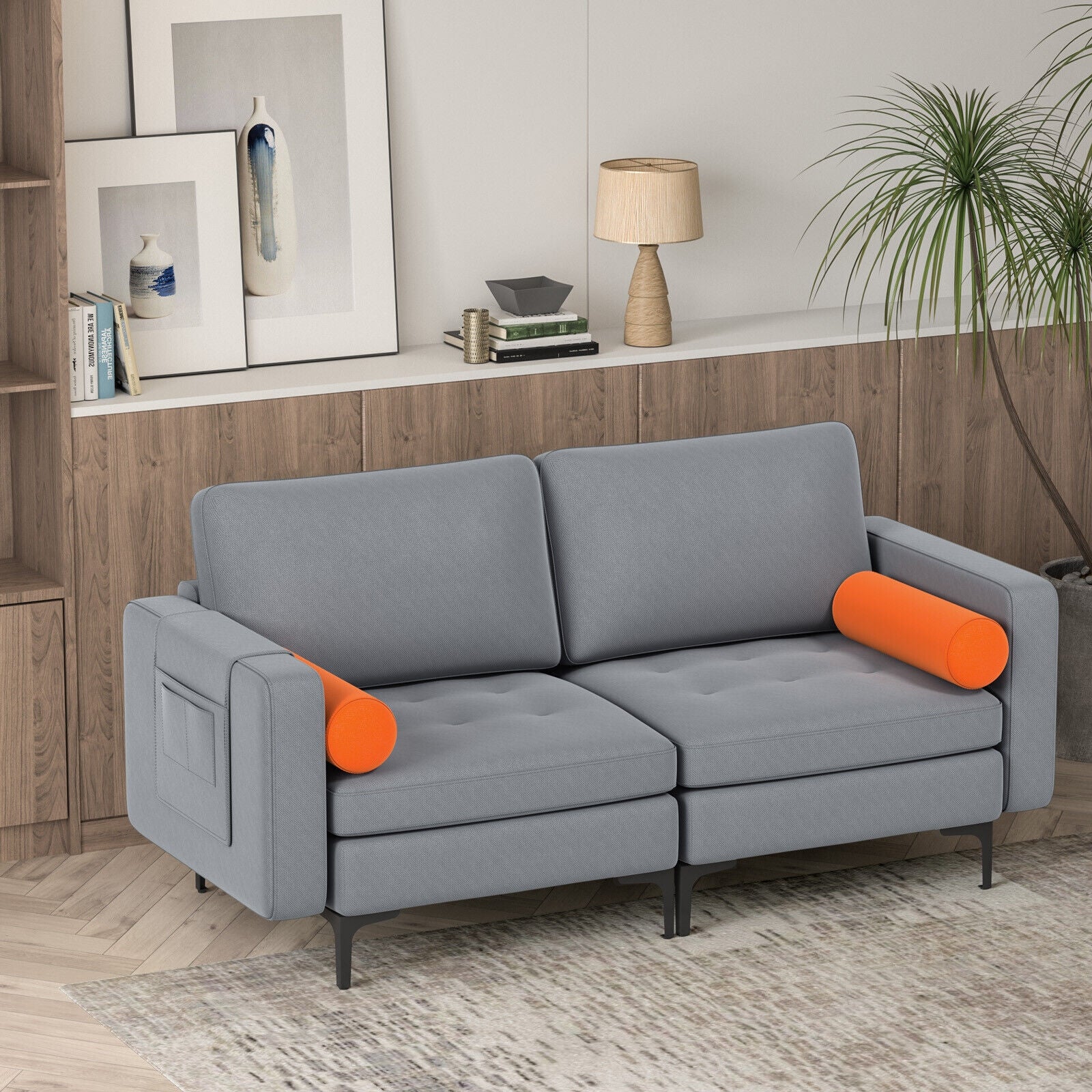 Modern Loveseat Sofa with 2 Bolsters and Side Storage Pocket, Gray Sofas & Loveseats at Gallery Canada