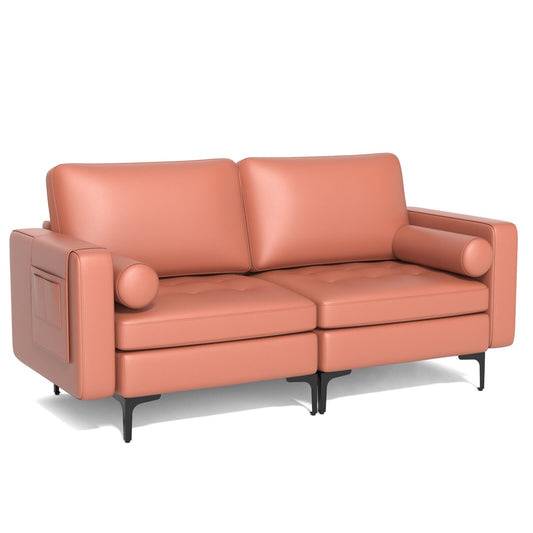 Modern Loveseat Sofa with 2 Bolsters and Side Storage Pocket, Pink - Gallery Canada