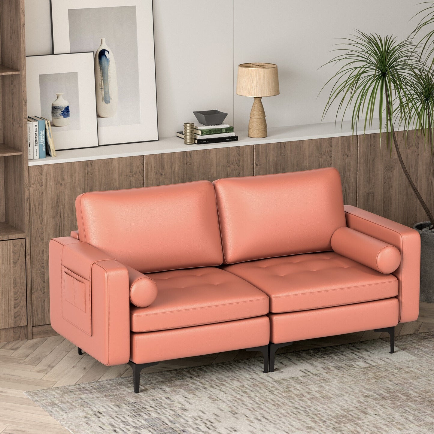 Modern Loveseat Sofa with 2 Bolsters and Side Storage Pocket, Pink Sofas & Loveseats at Gallery Canada