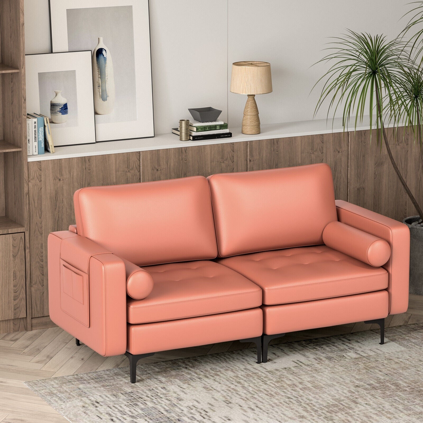 Modern Loveseat Sofa with 2 Bolsters and Side Storage Pocket, Pink Sofas & Loveseats at Gallery Canada