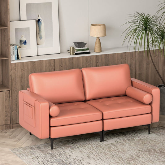 Modern Loveseat Sofa with 2 Bolsters and Side Storage Pocket, Pink - Gallery Canada