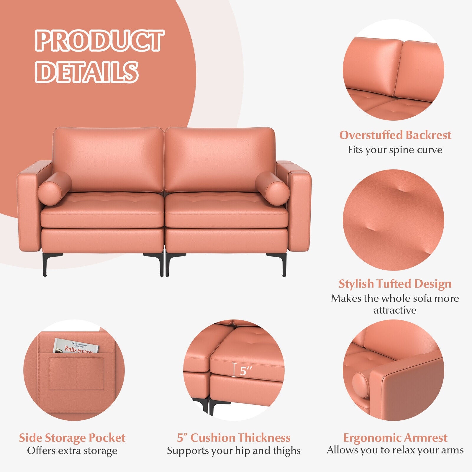 Modern Loveseat Sofa with 2 Bolsters and Side Storage Pocket, Pink Sofas & Loveseats at Gallery Canada