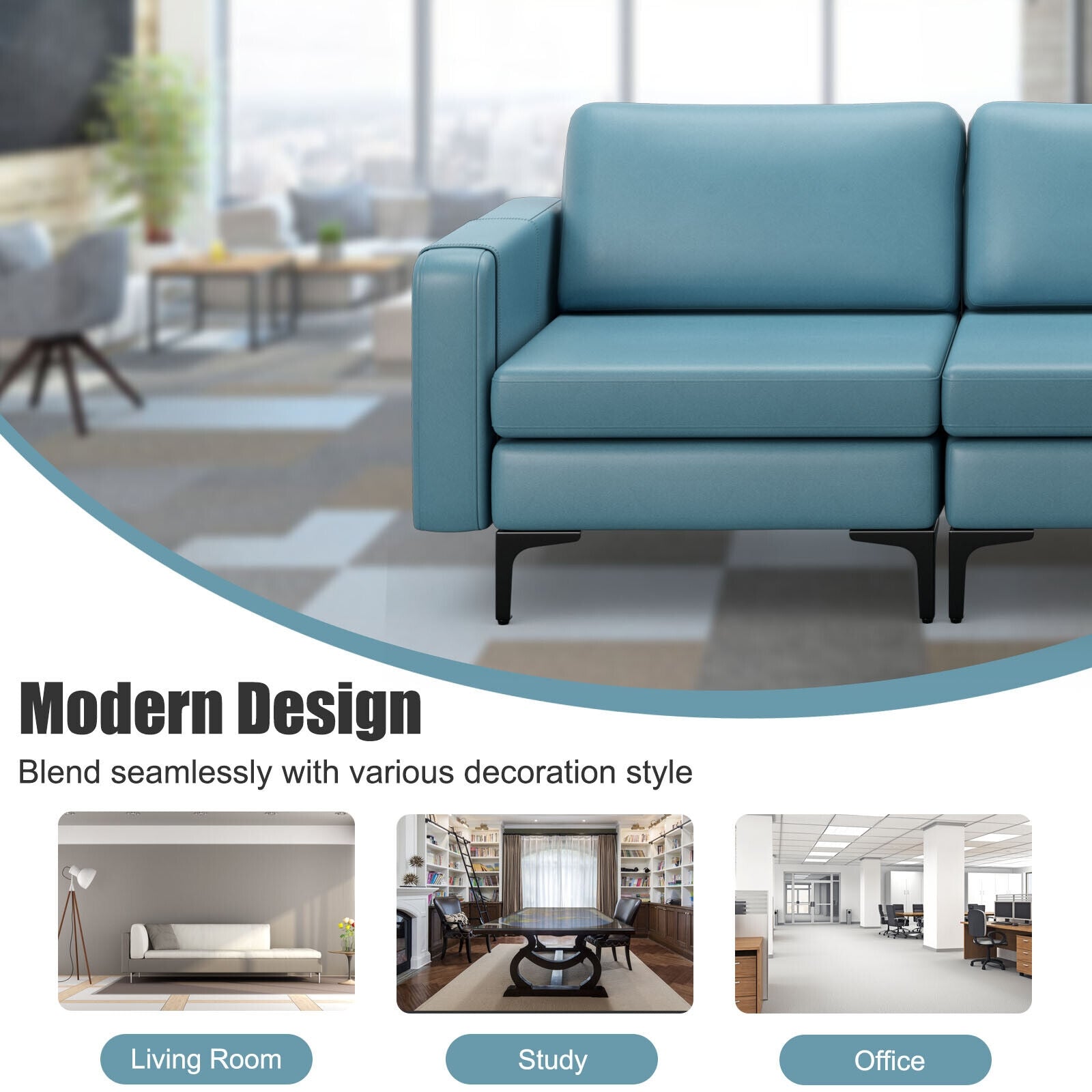 3-Seat Sectional Sofa Couch with Armrest Magazine Pocket and Metal Leg, Blue Sofas & Loveseats at Gallery Canada