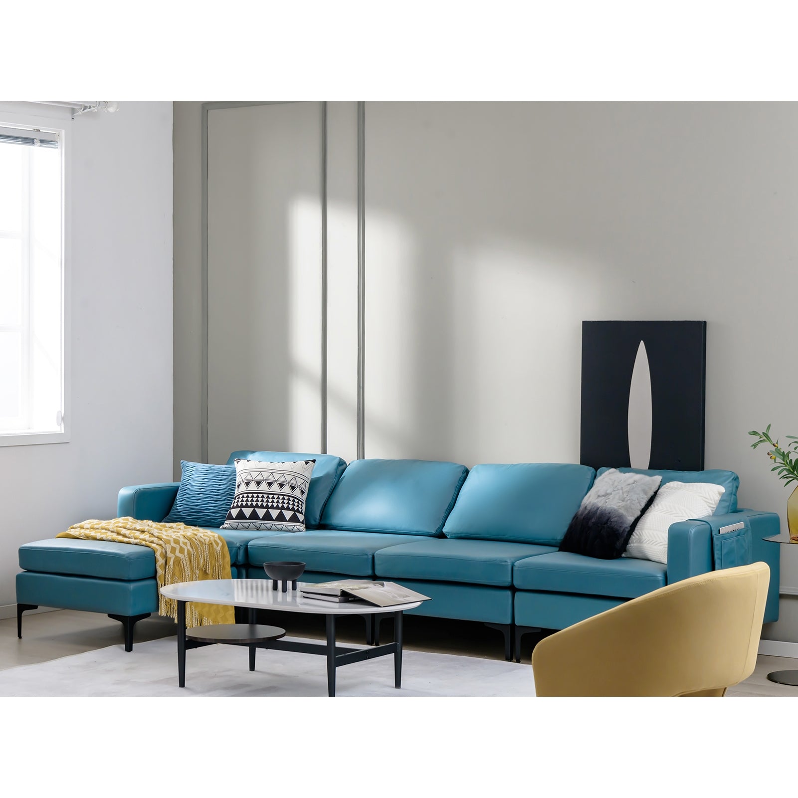 3-Seat Sectional Sofa Couch with Armrest Magazine Pocket and Metal Leg, Blue Sofas & Loveseats at Gallery Canada
