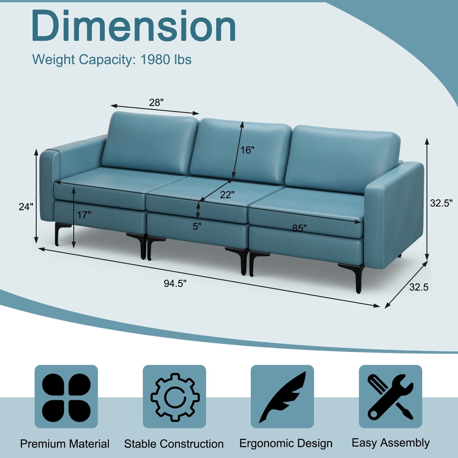 3-Seat Sectional Sofa Couch with Armrest Magazine Pocket and Metal Leg, Blue Sofas & Loveseats at Gallery Canada