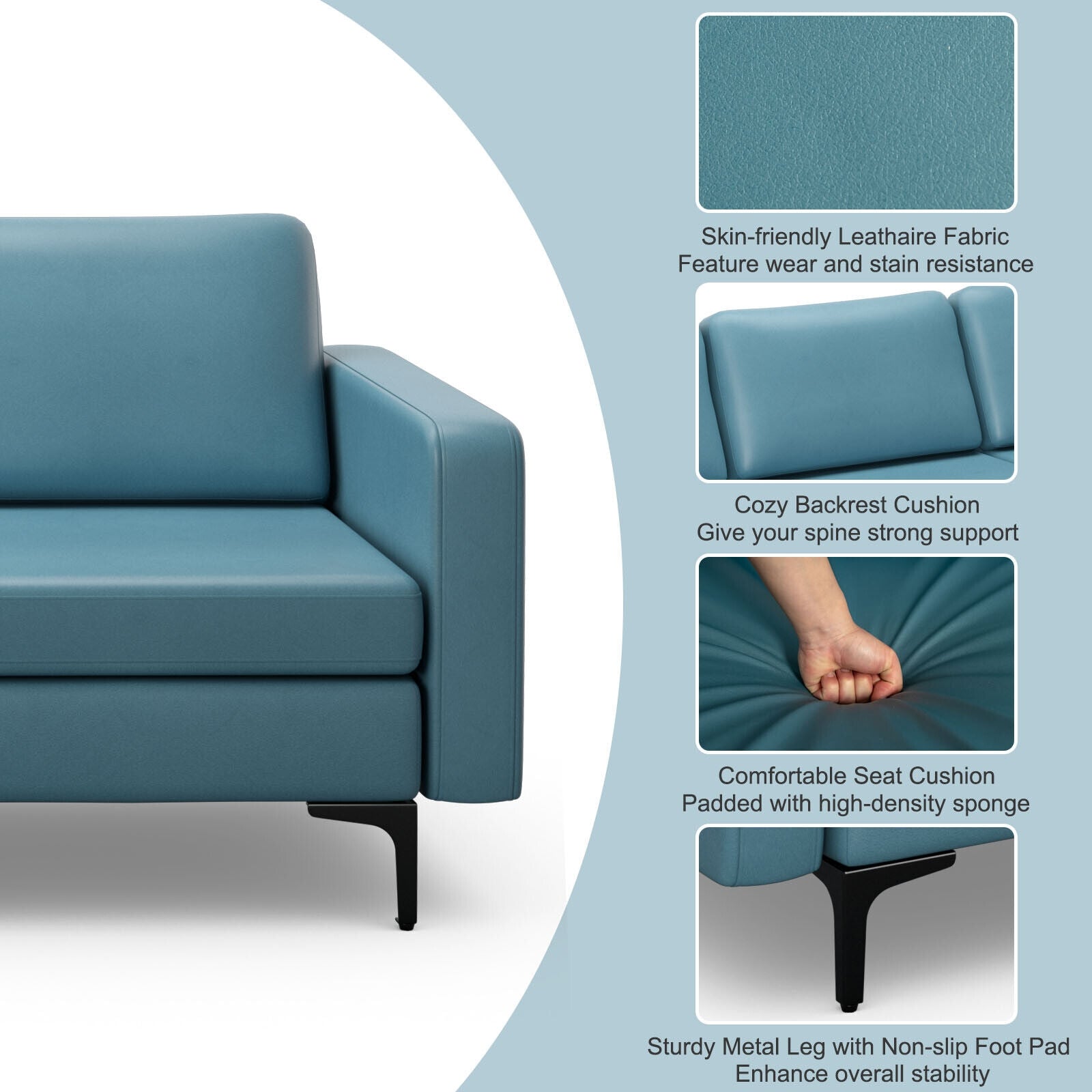 3-Seat Sectional Sofa Couch with Armrest Magazine Pocket and Metal Leg, Blue Sofas & Loveseats at Gallery Canada