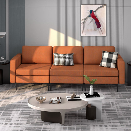 3-Seat Sectional Sofa Couch with Armrest Magazine Pocket and Metal Leg, Orange - Gallery Canada