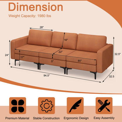 3-Seat Sectional Sofa Couch with Armrest Magazine Pocket and Metal Leg, Orange Sofas & Loveseats at Gallery Canada