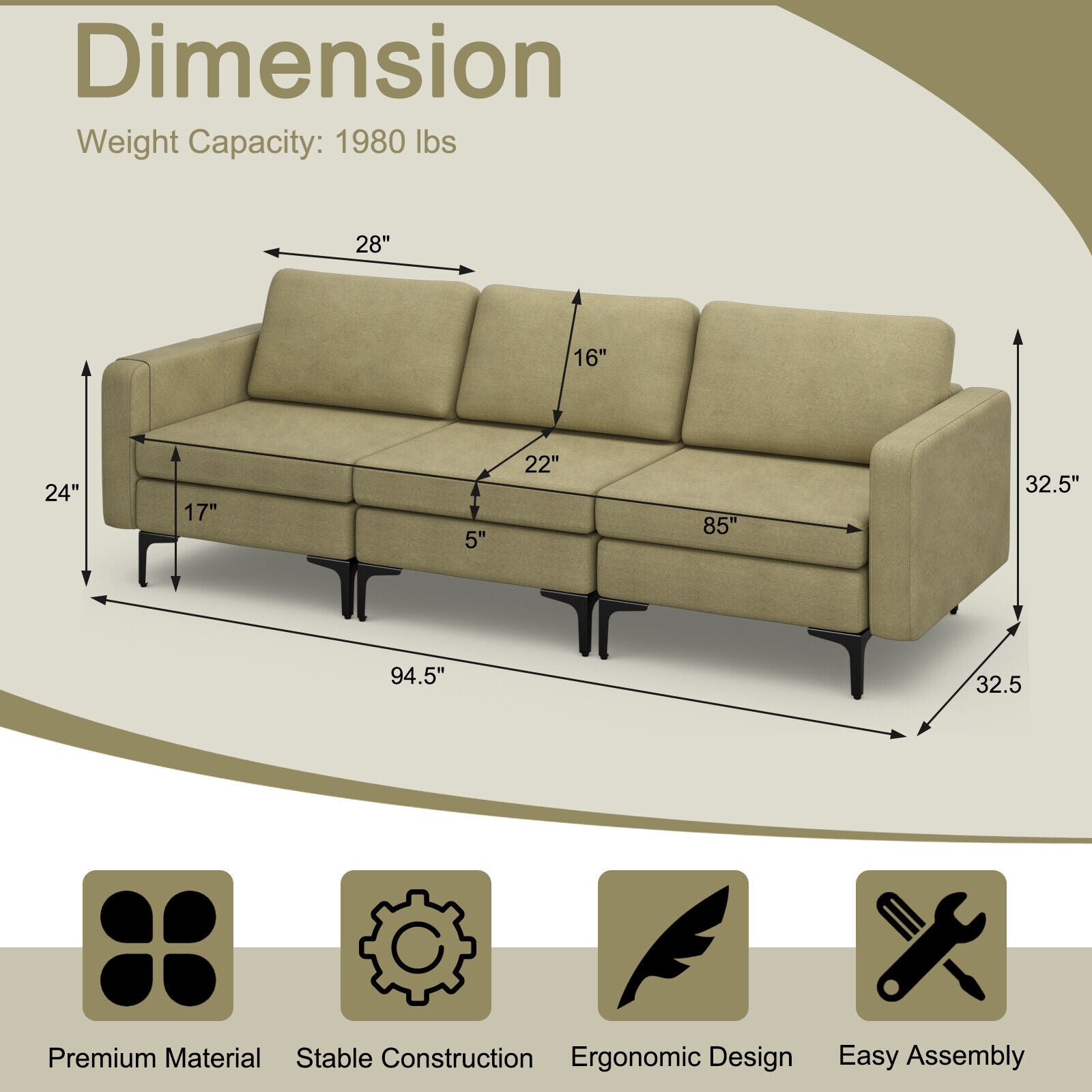 3-Seat Sectional Sofa Couch with Armrest Magazine Pocket and Metal Leg, Green Sofas & Loveseats at Gallery Canada