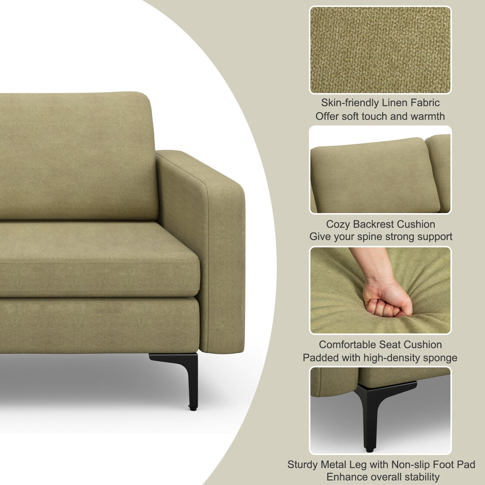 3-Seat Sectional Sofa Couch with Armrest Magazine Pocket and Metal Leg, Green Sofas & Loveseats at Gallery Canada