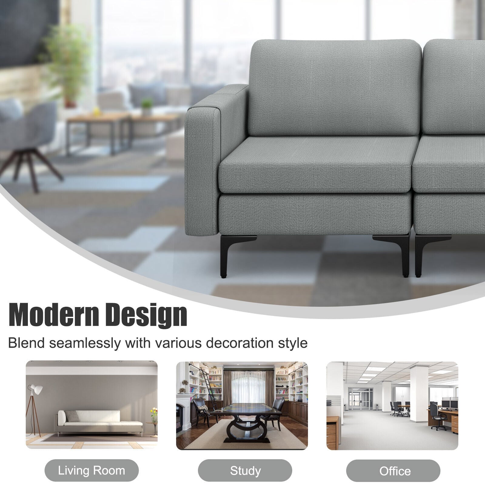 1/2/3/4-Seat Convertible Sectional Sofa with Reversible Ottoman-3-Seat, Gray Sofas & Loveseats at Gallery Canada
