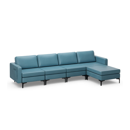 Modular L-shaped Sectional Sofa with Reversible Ottoman and 2 USB Ports, Blue - Gallery Canada