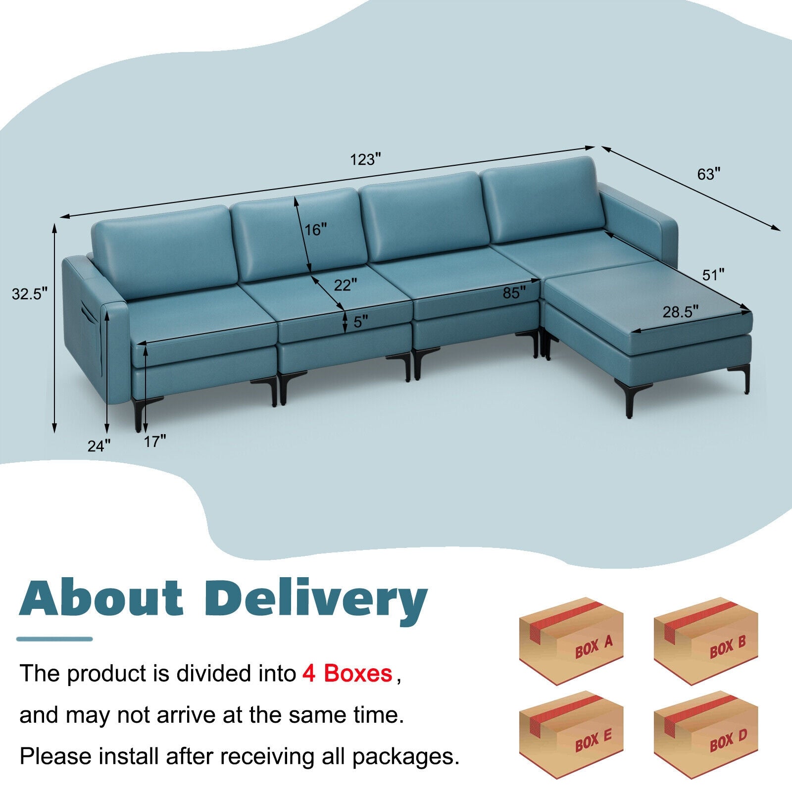 Modular L-shaped Sectional Sofa with Reversible Ottoman and 2 USB Ports, Blue Sofas & Loveseats at Gallery Canada