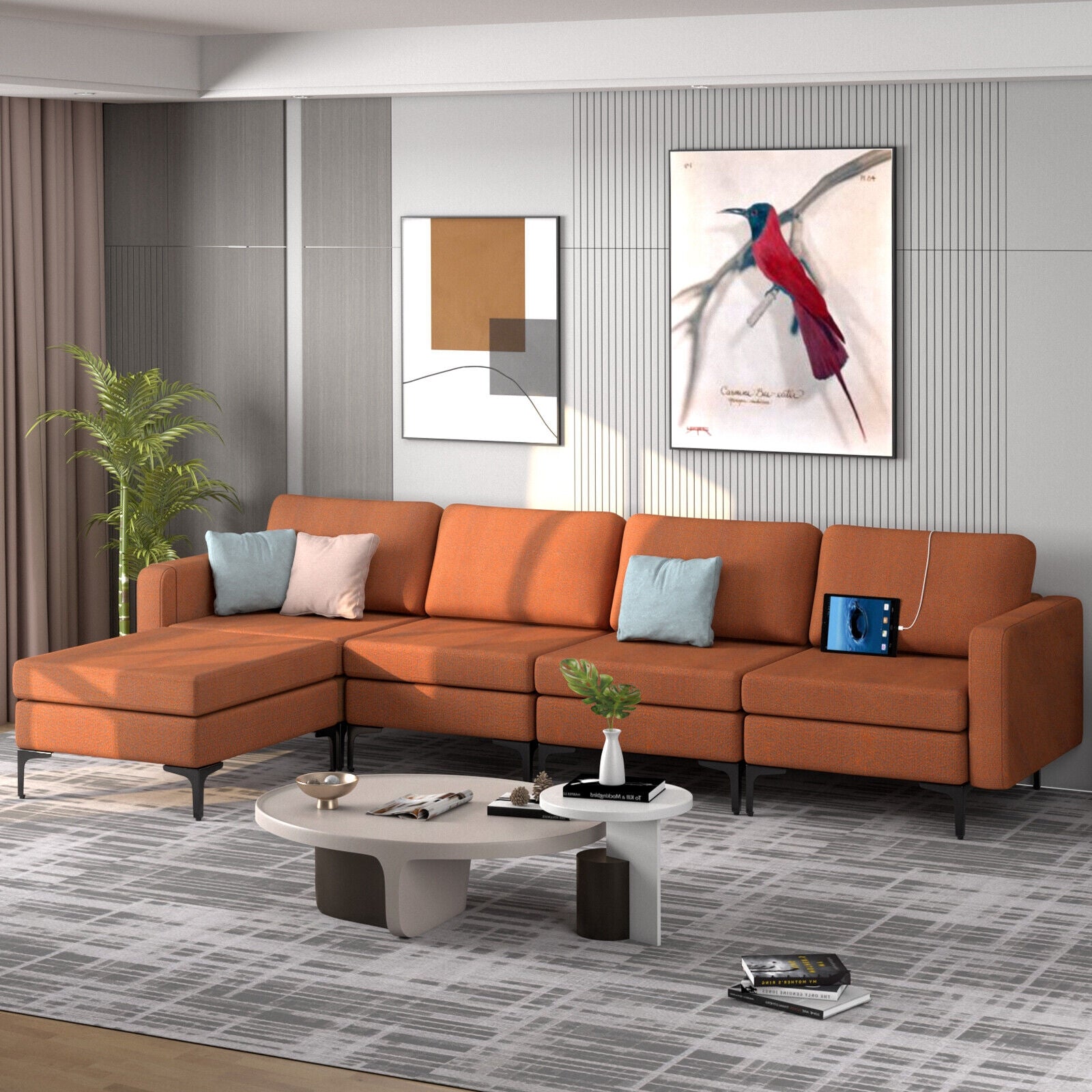 Modular L-shaped Sectional Sofa with Reversible Ottoman and 2 USB Ports, Orange Sofas & Loveseats at Gallery Canada