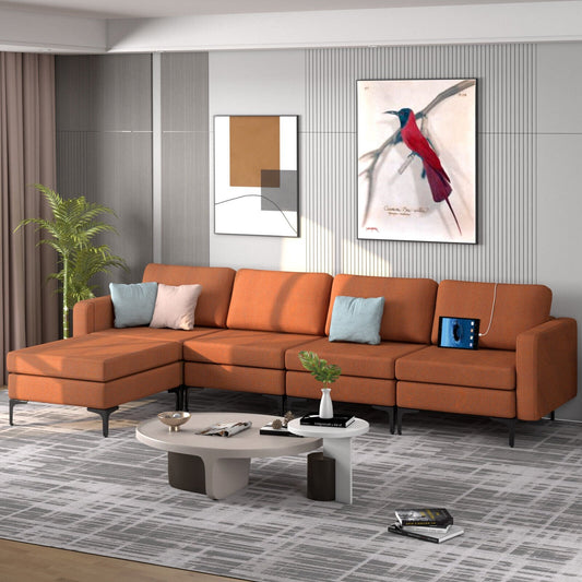 Modular L-shaped Sectional Sofa with Reversible Ottoman and 2 USB Ports, Orange - Gallery Canada