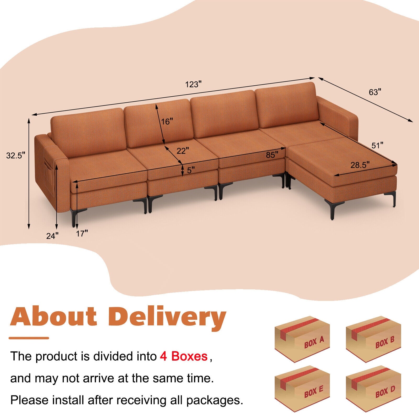 Modular L-shaped Sectional Sofa with Reversible Ottoman and 2 USB Ports, Orange Sofas & Loveseats at Gallery Canada