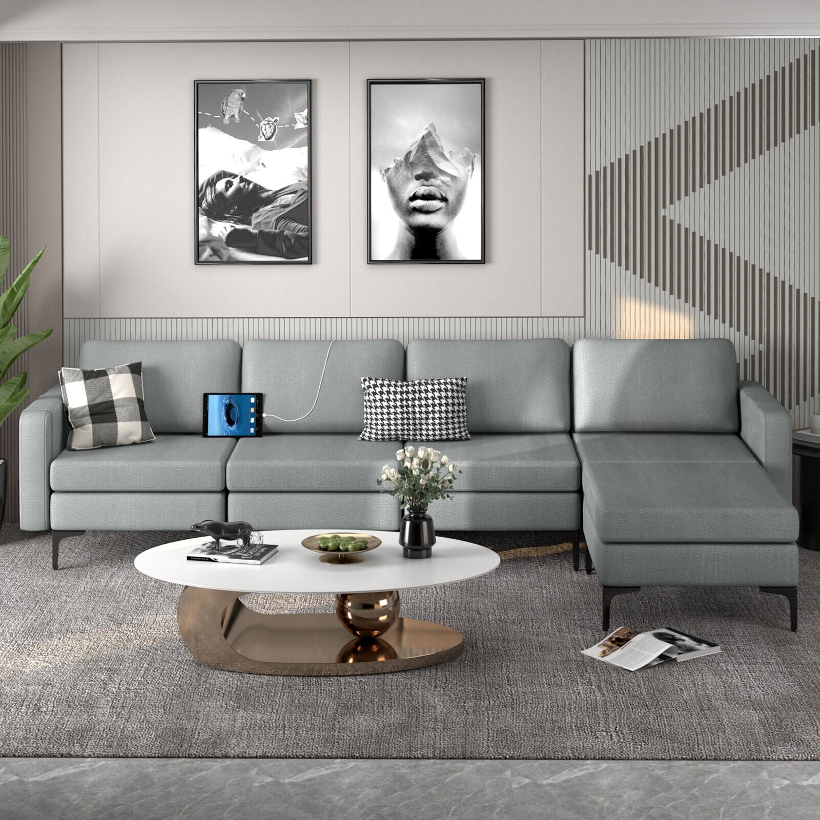 1/2/3/4-Seat Convertible Sectional Sofa with Reversible Ottoman-4-Seat L-shaped with 2 USB Ports, Gray Sofas & Loveseats at Gallery Canada