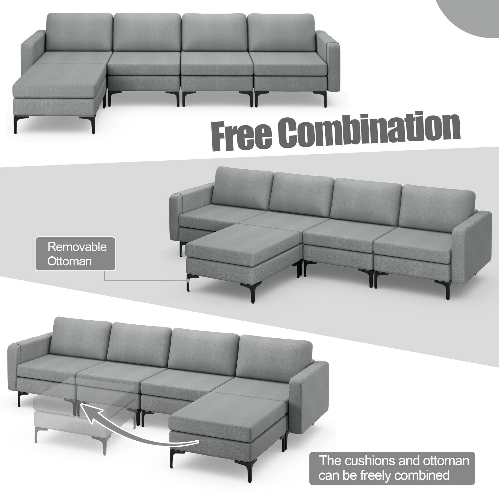 1/2/3/4-Seat Convertible Sectional Sofa with Reversible Ottoman-4-Seat L-shaped with 2 USB Ports, Gray Sofas & Loveseats at Gallery Canada