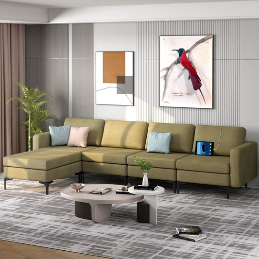 Modular L-shaped Sectional Sofa with Reversible Ottoman and 2 USB Ports, Green - Gallery Canada