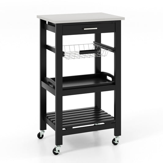 Kitchen Island Cart with Stainless Steel Tabletop and Basket, Black