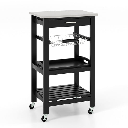 Kitchen Island Cart with Stainless Steel Tabletop and Basket, Black Kitchen Islands & Carts Black at Gallery Canada