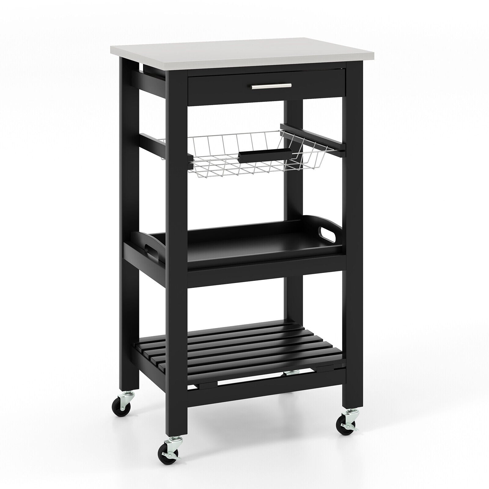 Kitchen Island Cart with Stainless Steel Tabletop and Basket, Black Kitchen Islands & Carts at Gallery Canada