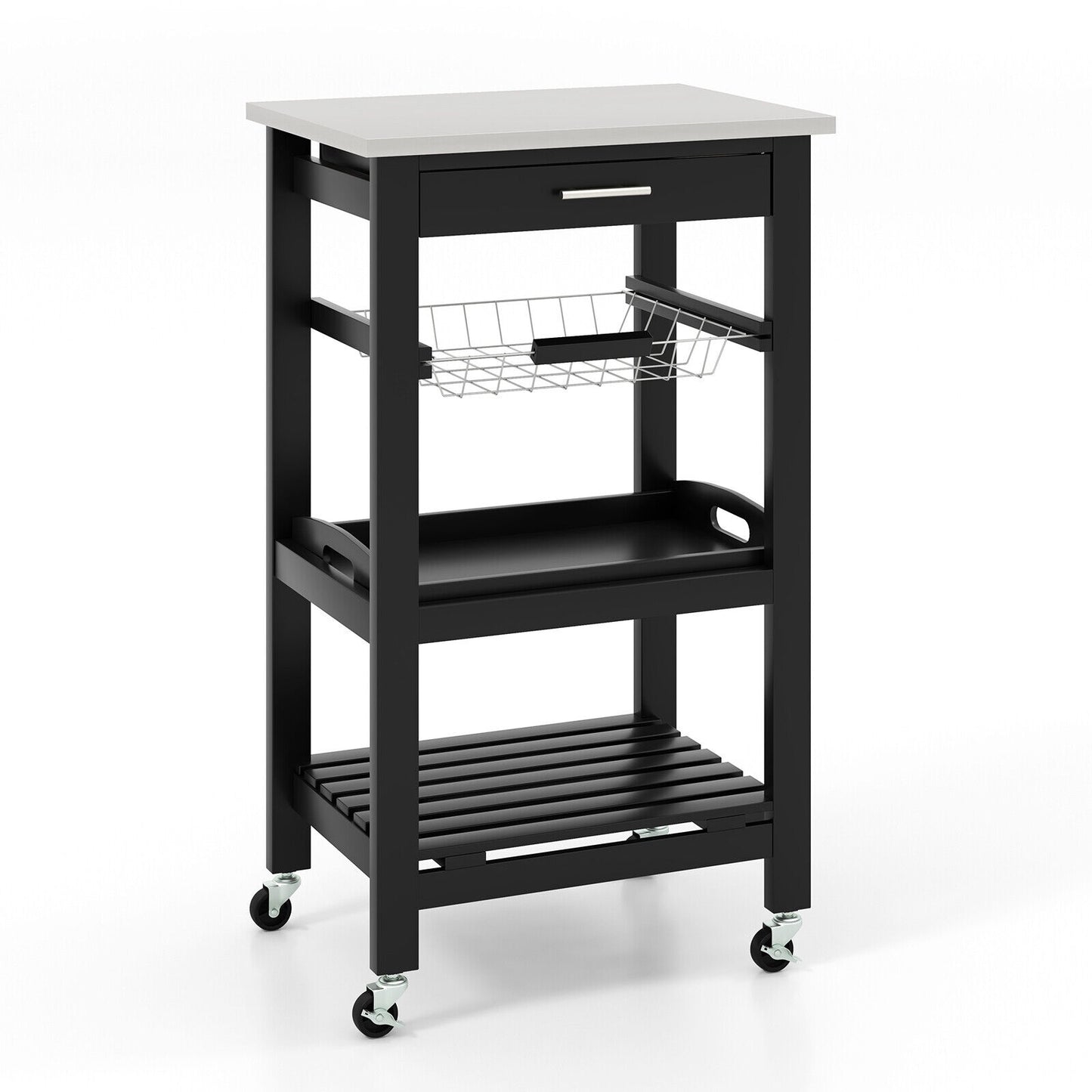 Kitchen Island Cart with Stainless Steel Tabletop and Basket, Black Kitchen Islands & Carts at Gallery Canada